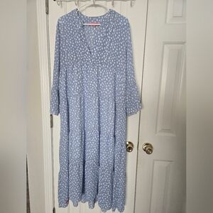 Simply Southern Blue White Long Polka Dot Tiered V Neck Dress Size L
